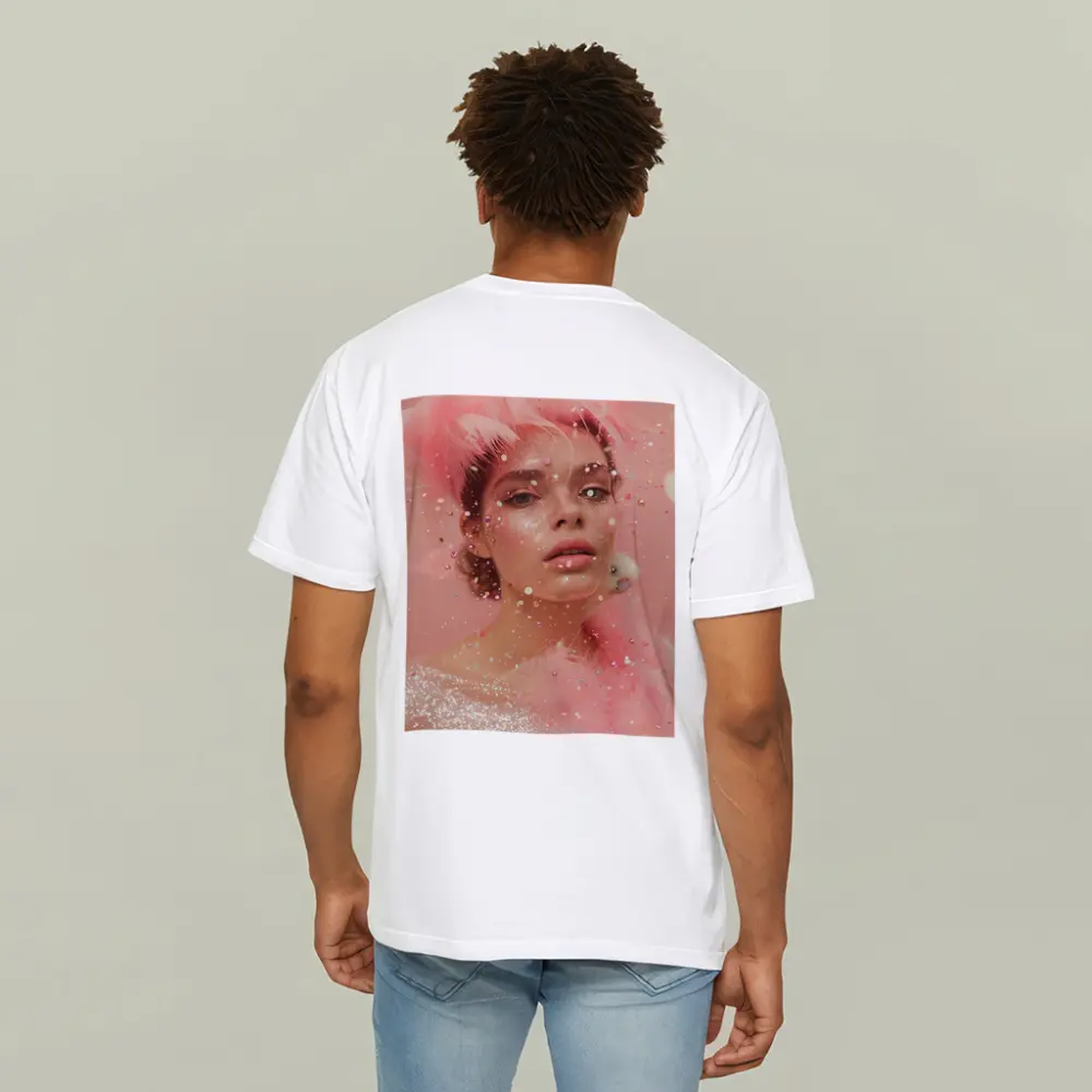 Pink Glitter Woman Portrait Feather Fashion – T-Shirts