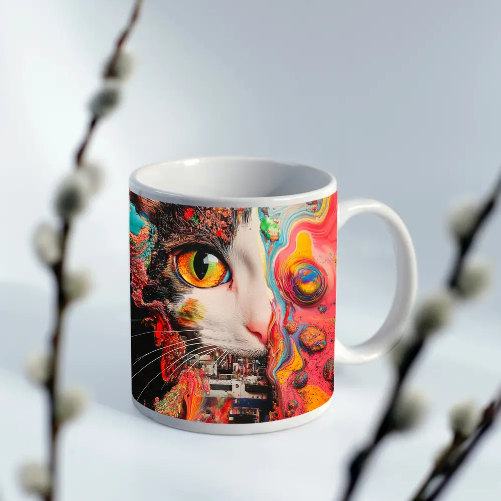 Tuxedo Cat Psychedelic Colorful Abstract Art – Mugs