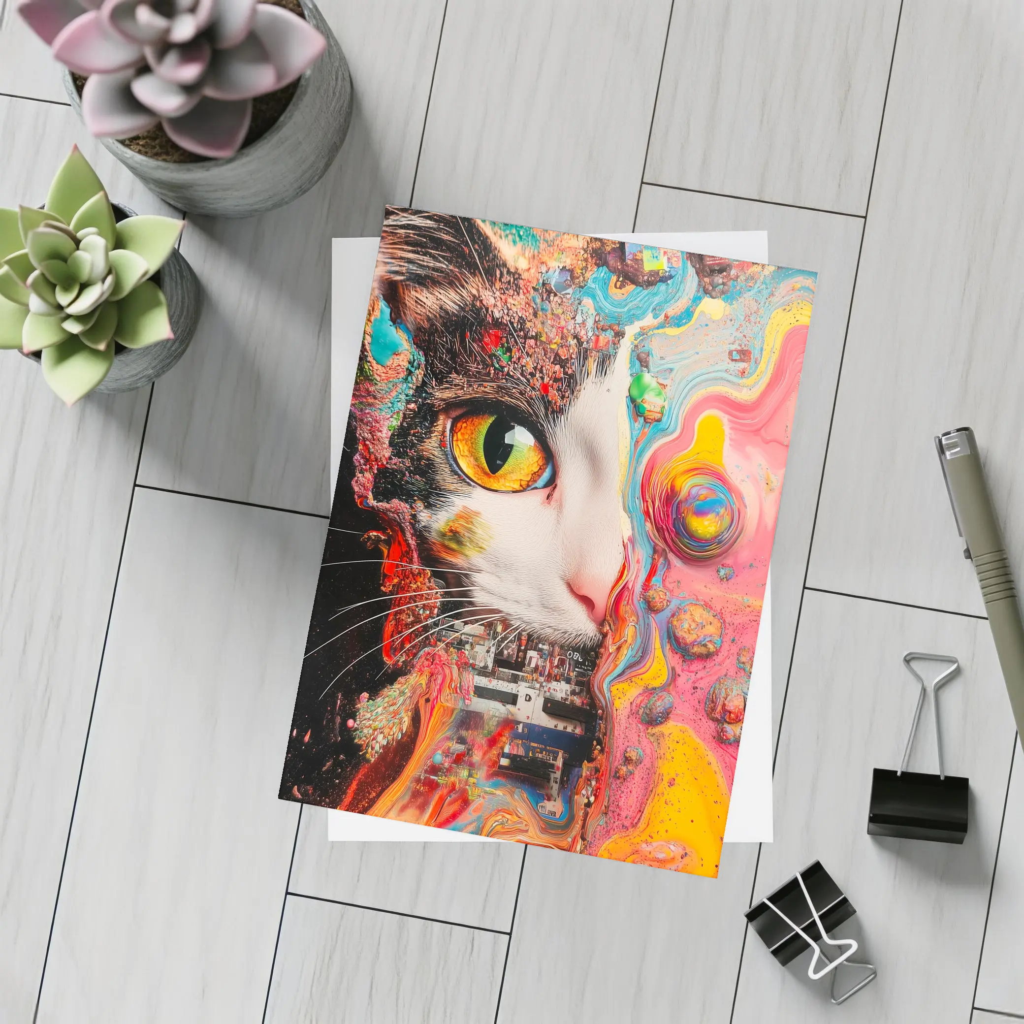 Tuxedo Cat Psychedelic Colorful Abstract Art – Postcards
