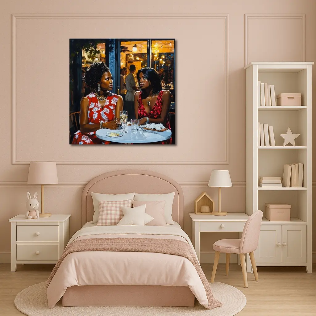 Two Women Dining at Night Restaurant – Wall Art