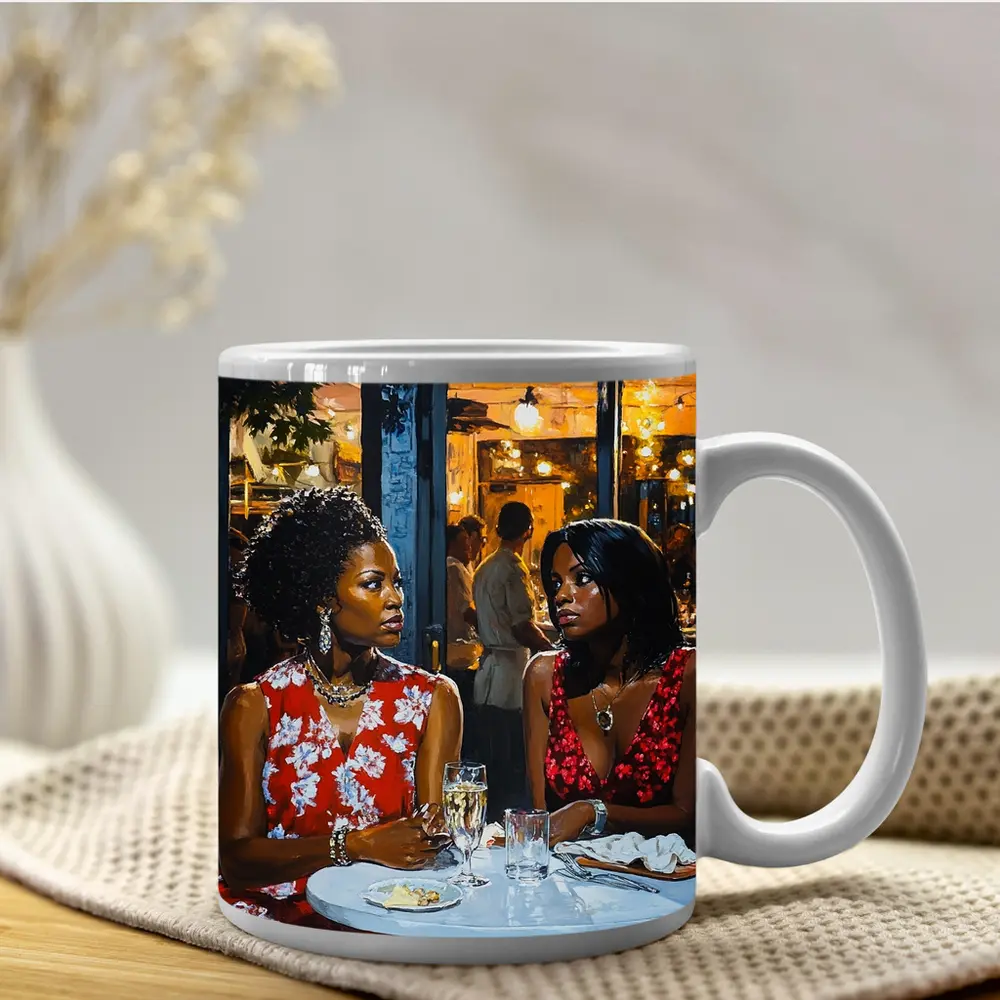 Two Women Dining at Night Restaurant – Mugs
