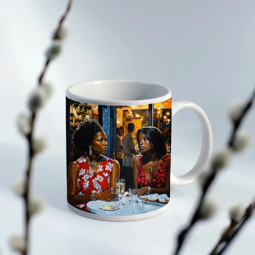 Two Women Dining at Night Restaurant – Mugs