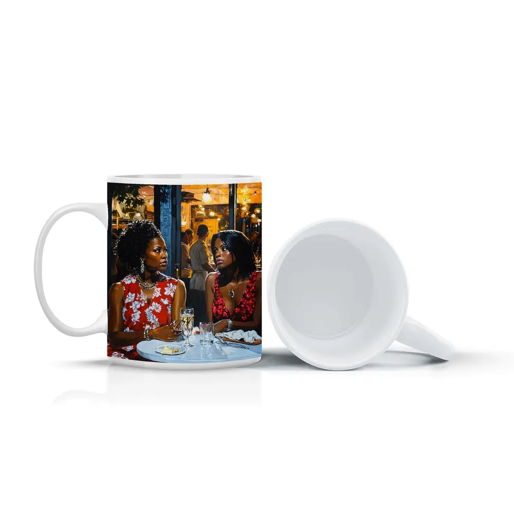 Two Women Dining at Night Restaurant – Mugs