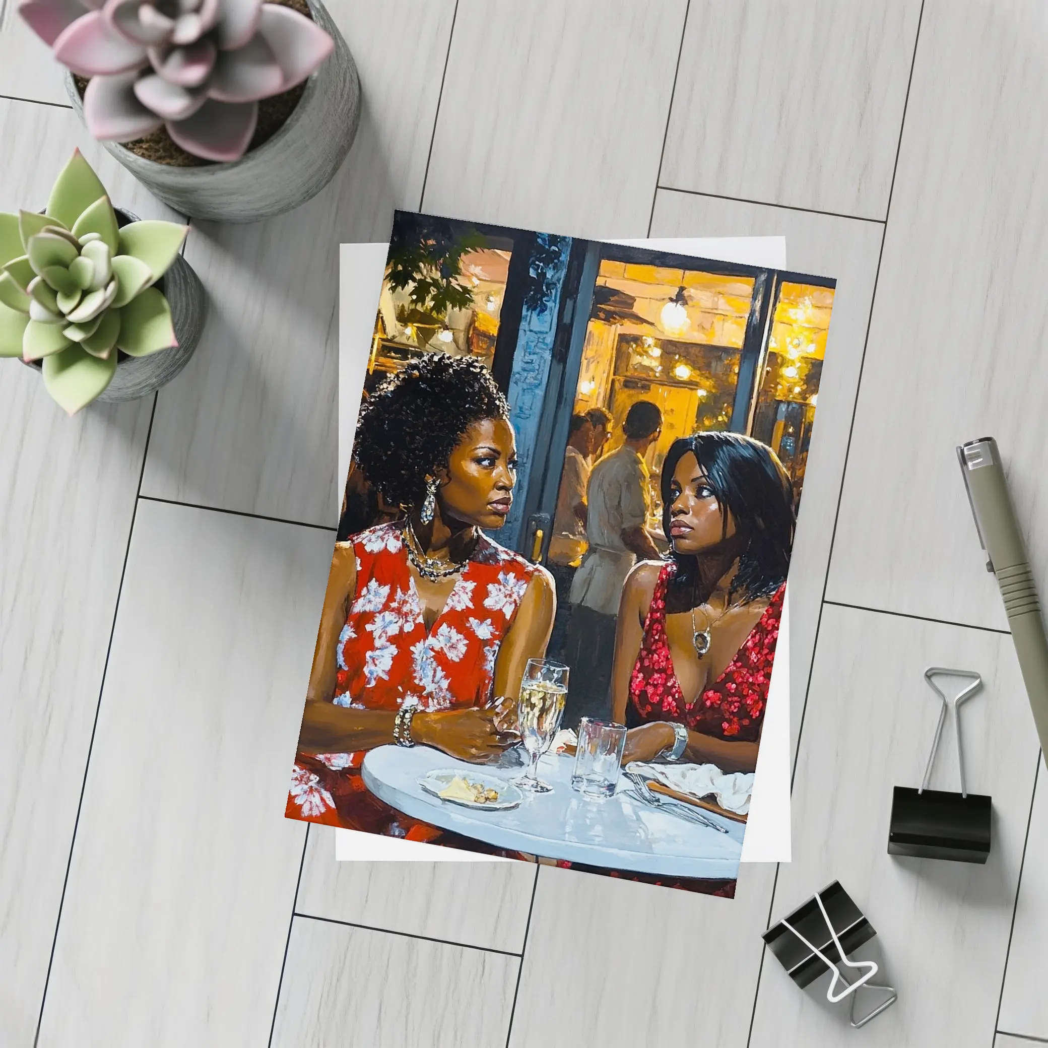 Two Women Dining at Night Restaurant – Postcards