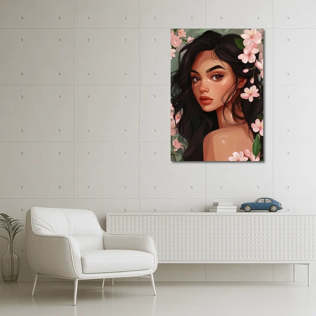 Dark Hair Woman Pink Cherry Blossoms Illustration – Wall Art