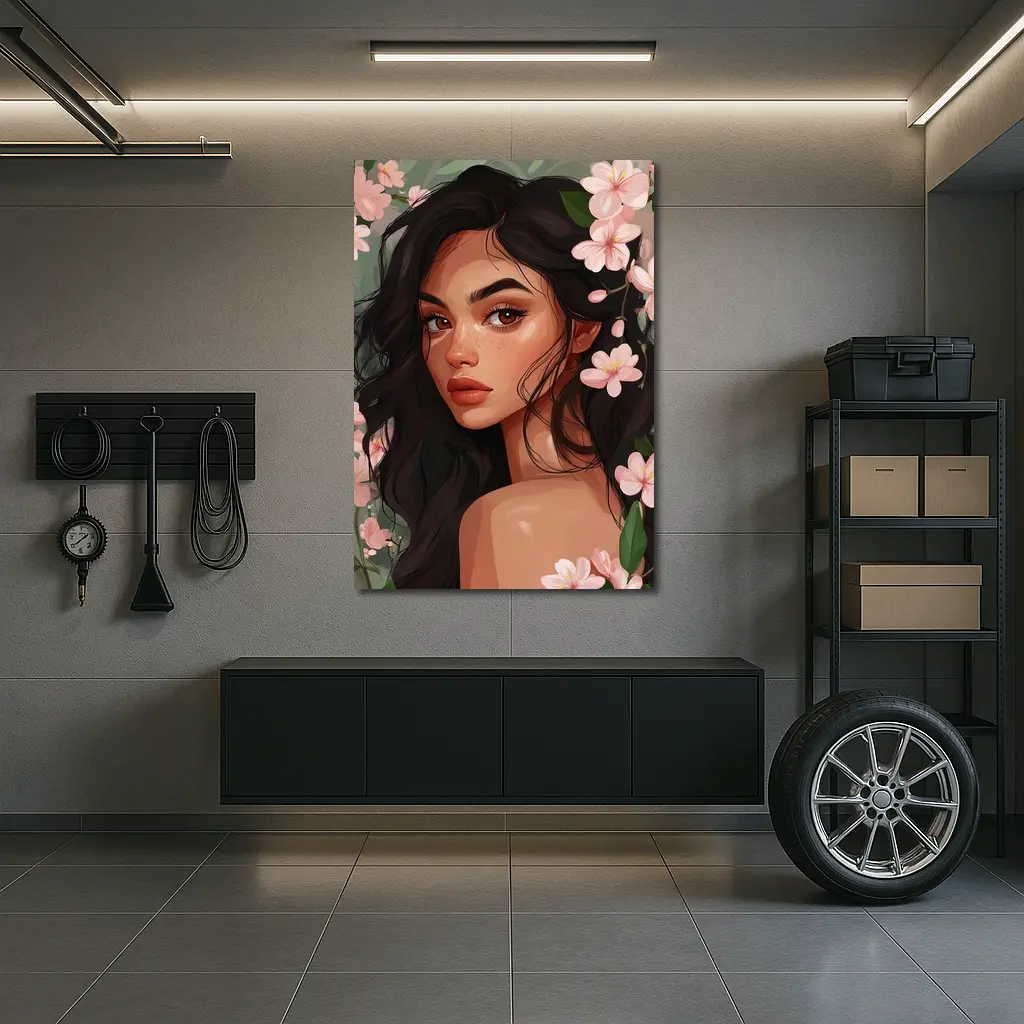 Dark Hair Woman Pink Cherry Blossoms Illustration – Wall Art