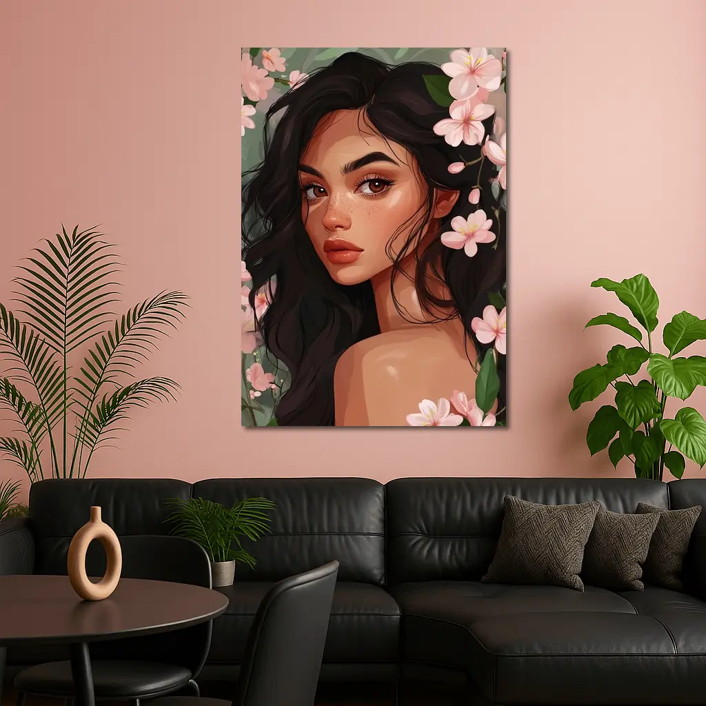 Dark Hair Woman Pink Cherry Blossoms Illustration – Wall Art