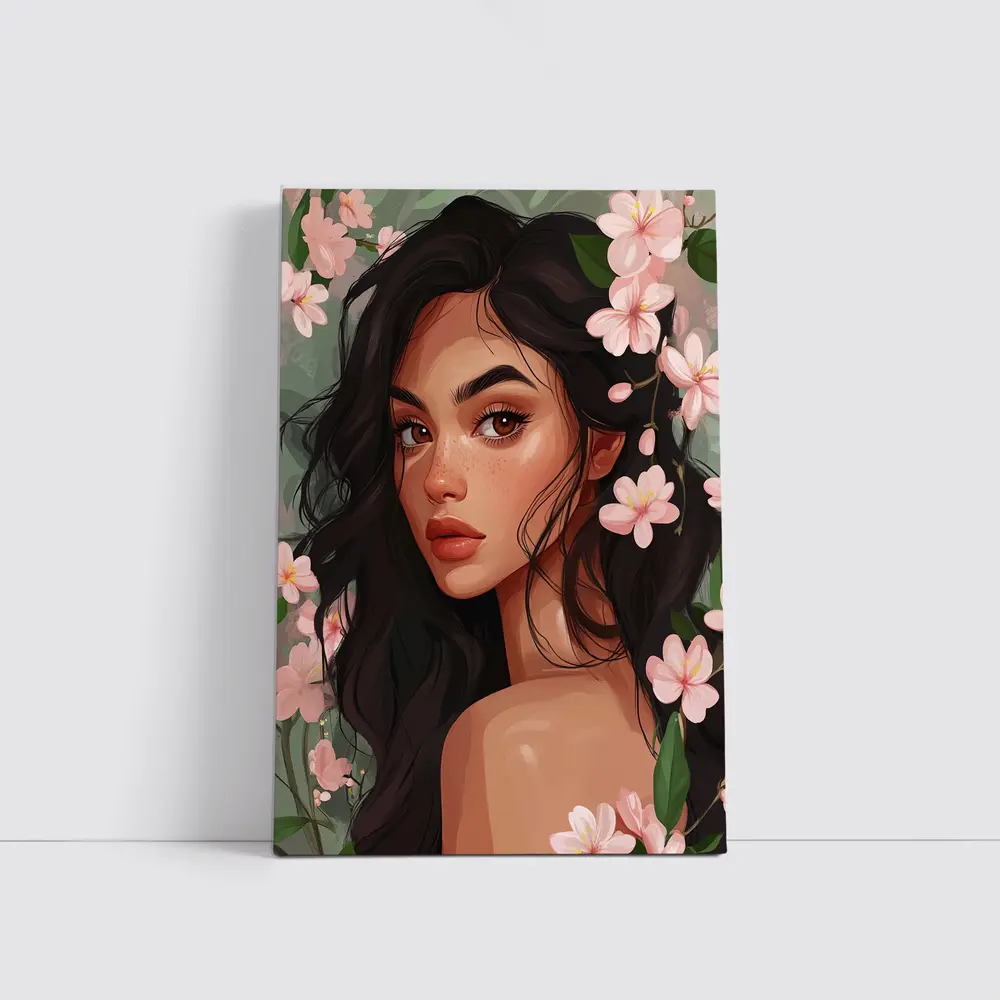 Dark Hair Woman Pink Cherry Blossoms Illustration – Wall Art