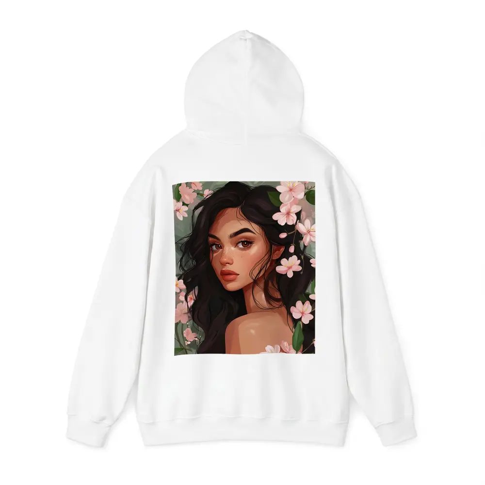 Dark Hair Woman Pink Cherry Blossoms Illustration – Hoodies