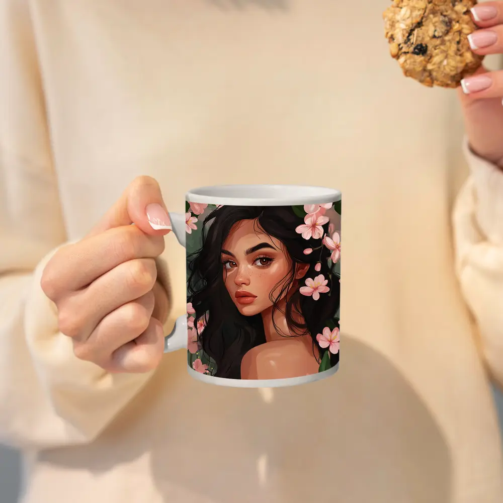 Dark Hair Woman Pink Cherry Blossoms Illustration – Mugs
