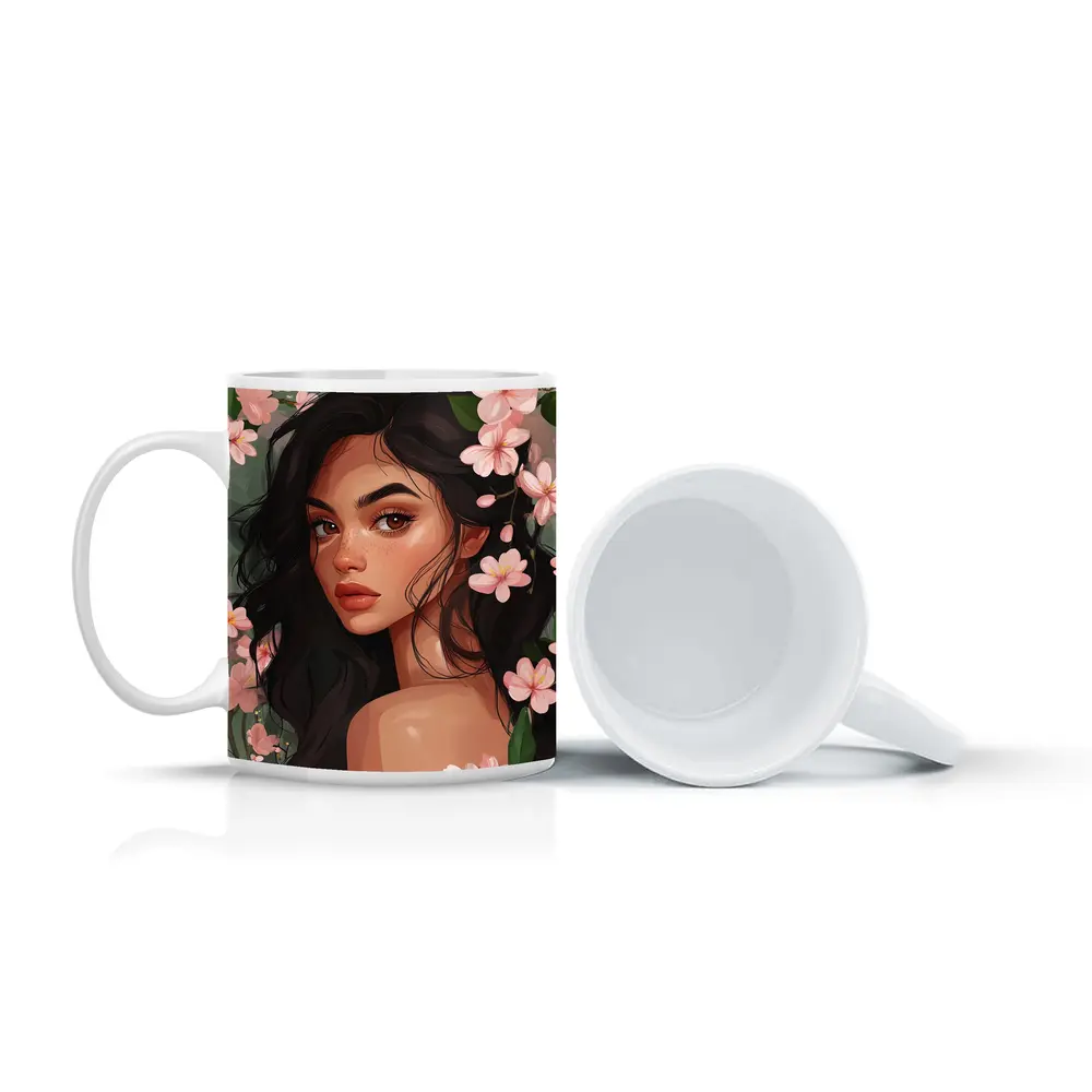 Dark Hair Woman Pink Cherry Blossoms Illustration – Mugs