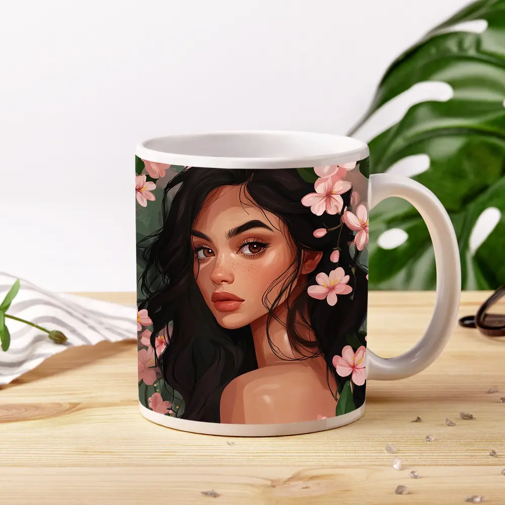Dark Hair Woman Pink Cherry Blossoms Illustration – Mugs