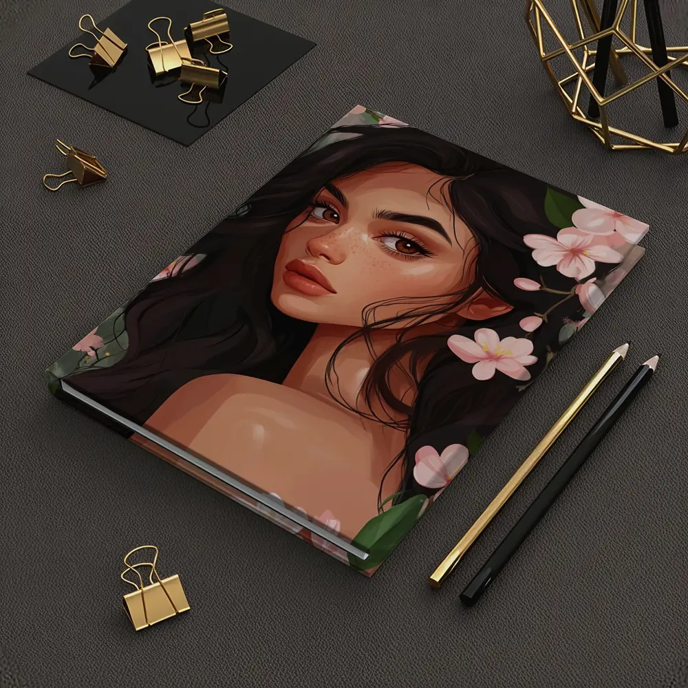 Dark Hair Woman Pink Cherry Blossoms Illustration – Notebooks