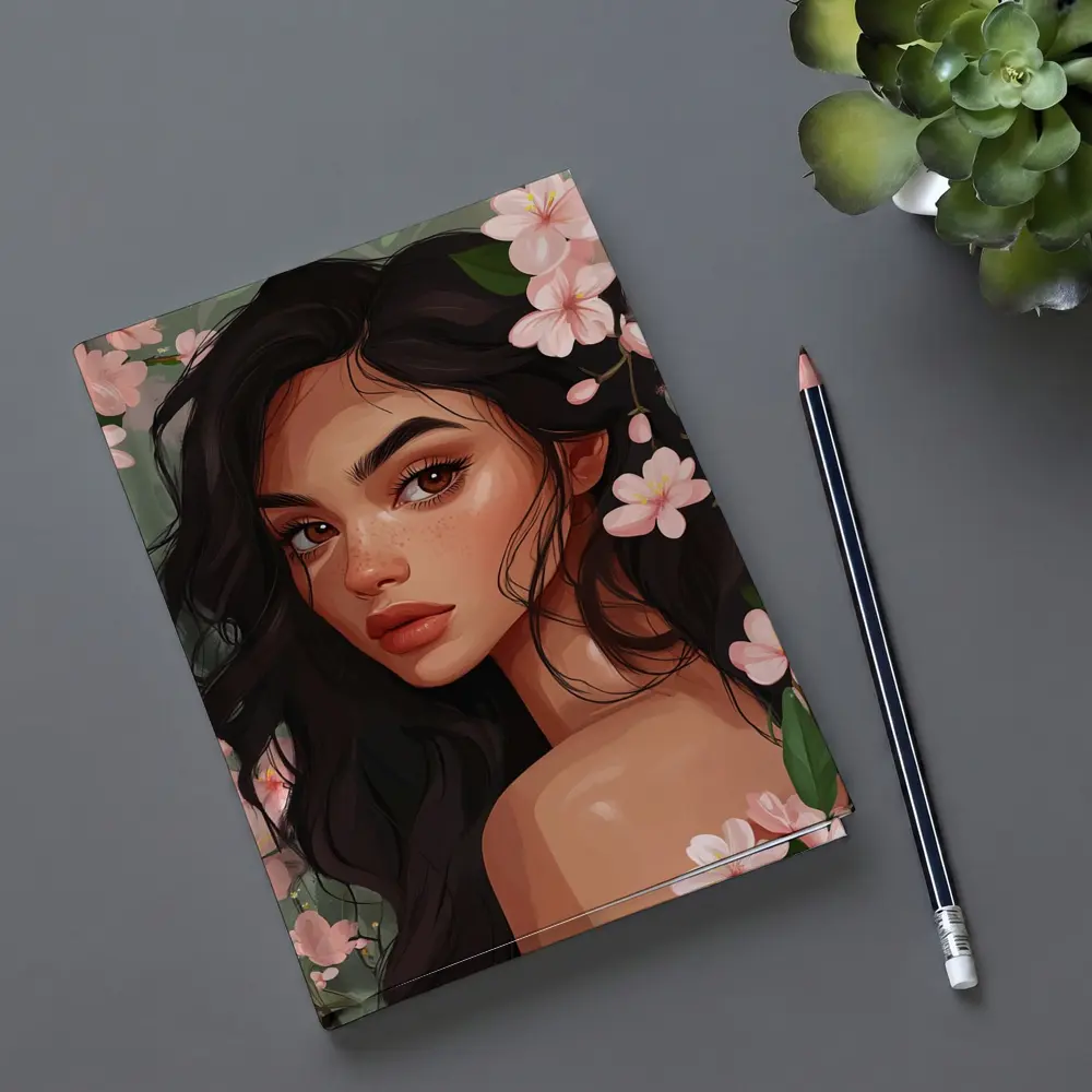 Dark Hair Woman Pink Cherry Blossoms Illustration – Notebooks