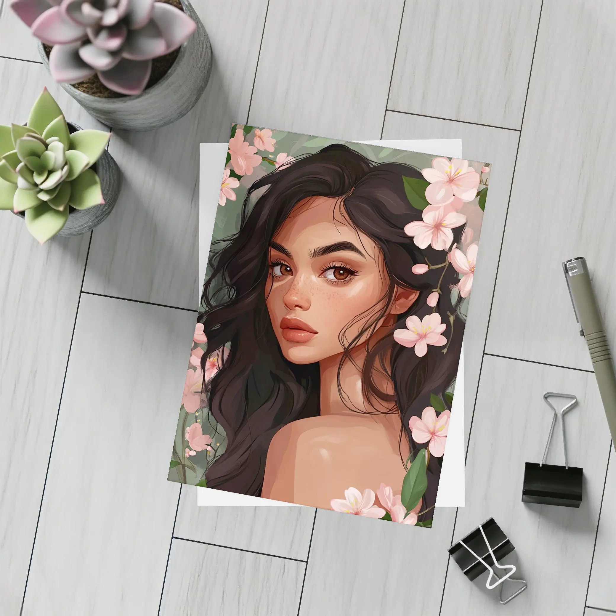 Dark Hair Woman Pink Cherry Blossoms Illustration – Postcards