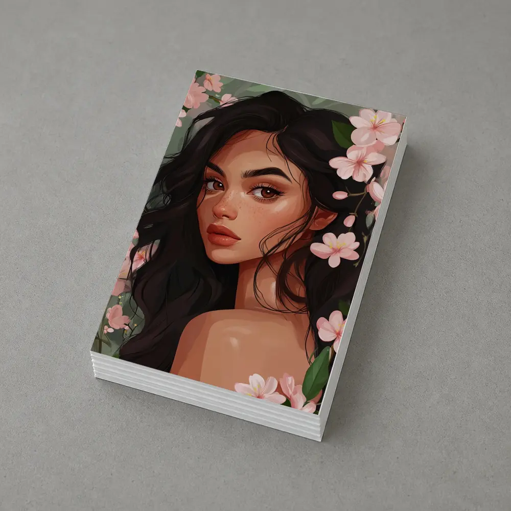 Dark Hair Woman Pink Cherry Blossoms Illustration – Postcards