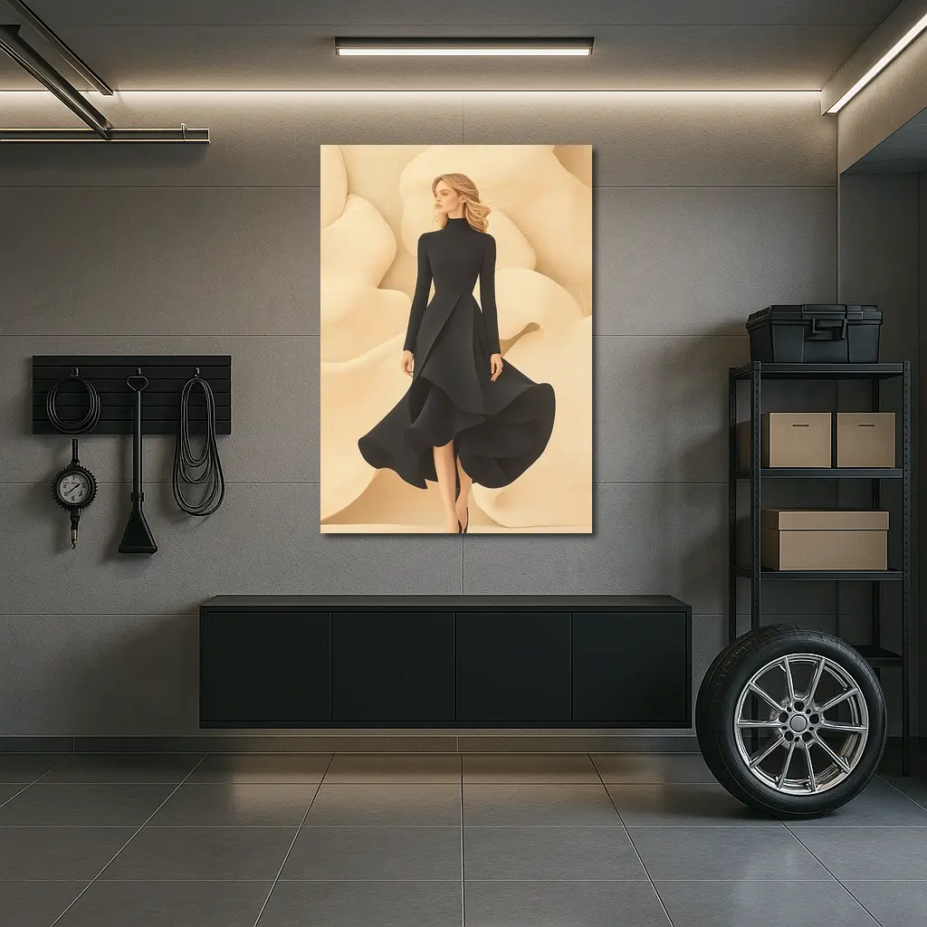 Elegant Black Dress Woman Beige Abstract Background – Wall Art