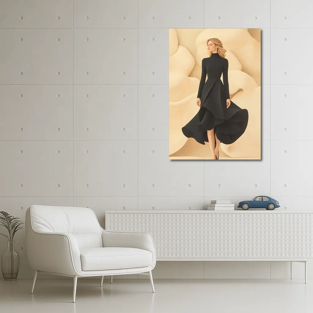Elegant Black Dress Woman Beige Abstract Background – Wall Art