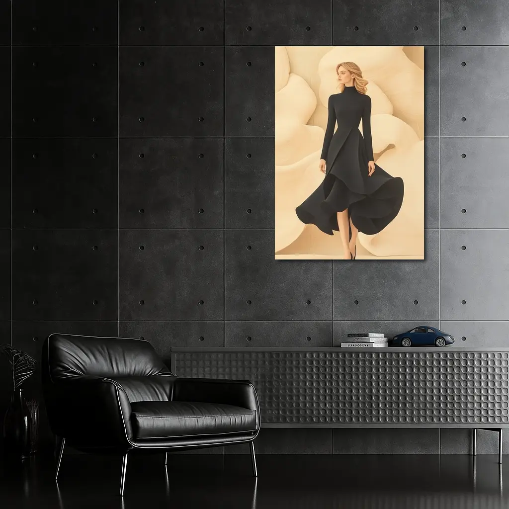 Elegant Black Dress Woman Beige Abstract Background – Wall Art