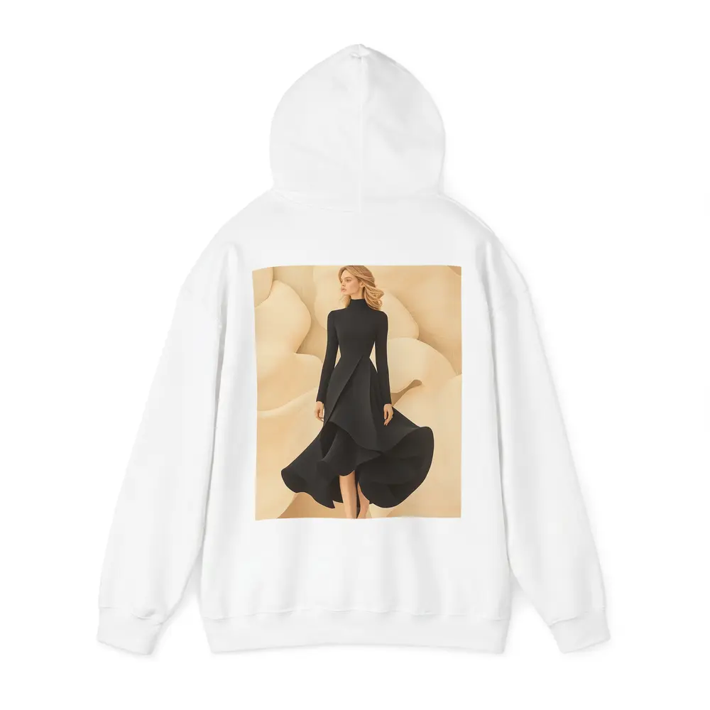 Elegant Black Dress Woman Beige Abstract Background – Hoodies