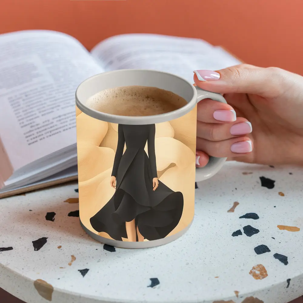 Elegant Black Dress Woman Beige Abstract Background – Mugs