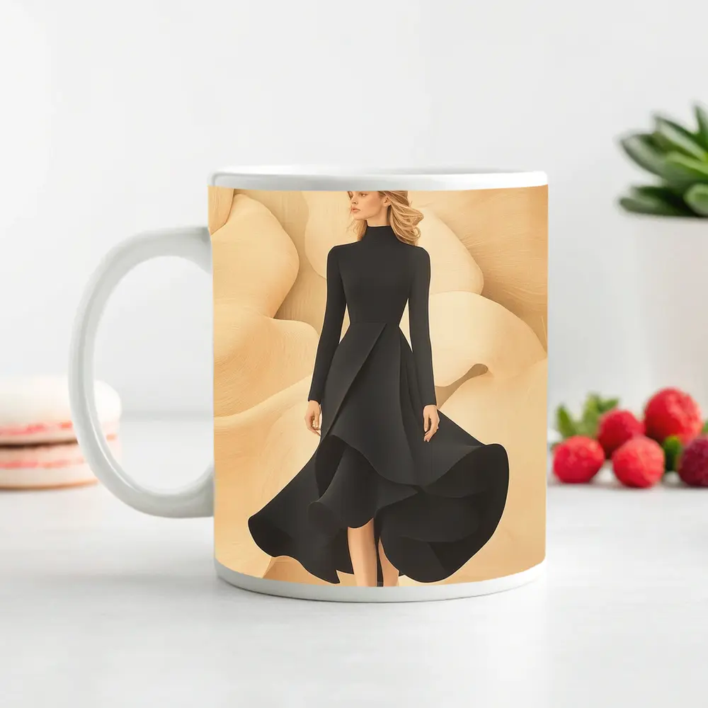 Elegant Black Dress Woman Beige Abstract Background – Mugs