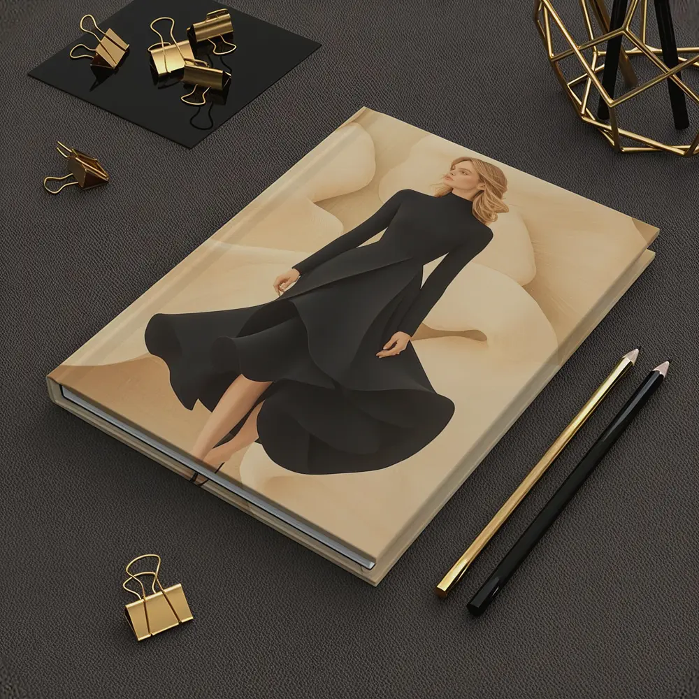 Elegant Black Dress Woman Beige Abstract Background – Notebooks