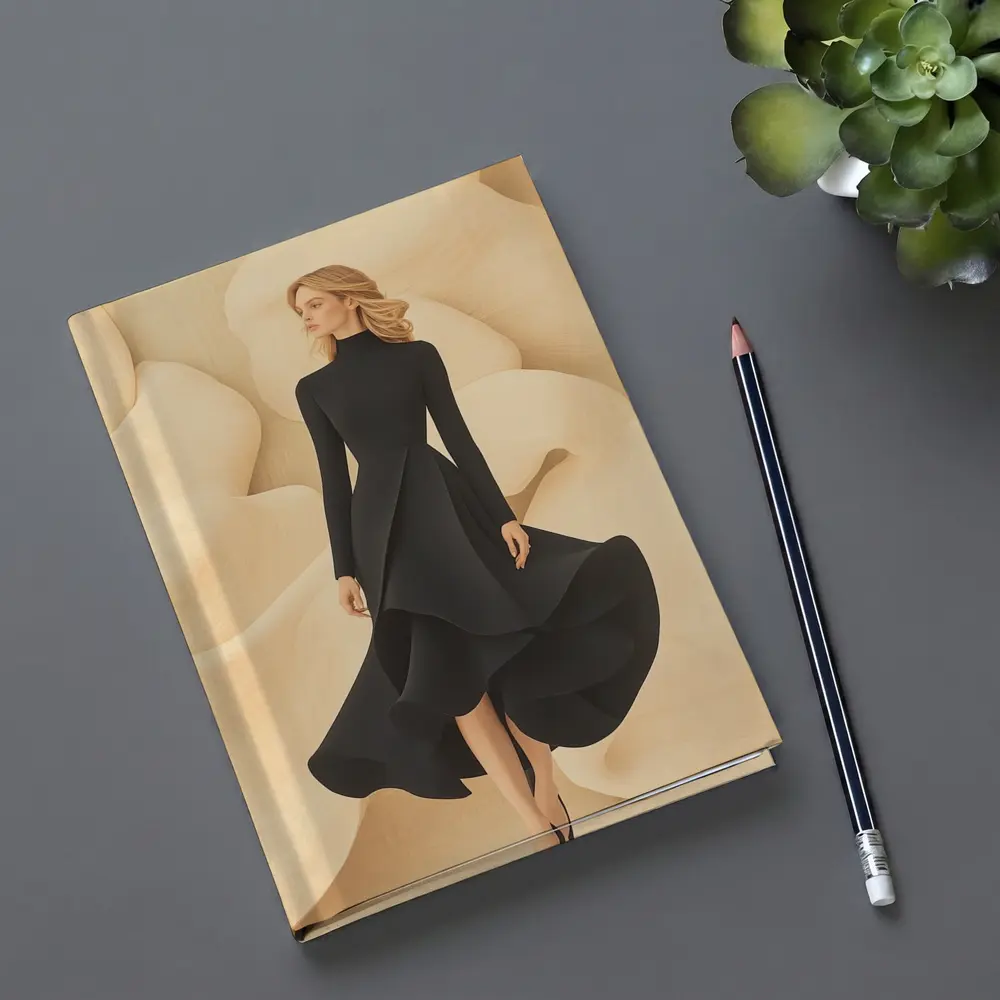 Elegant Black Dress Woman Beige Abstract Background – Notebooks