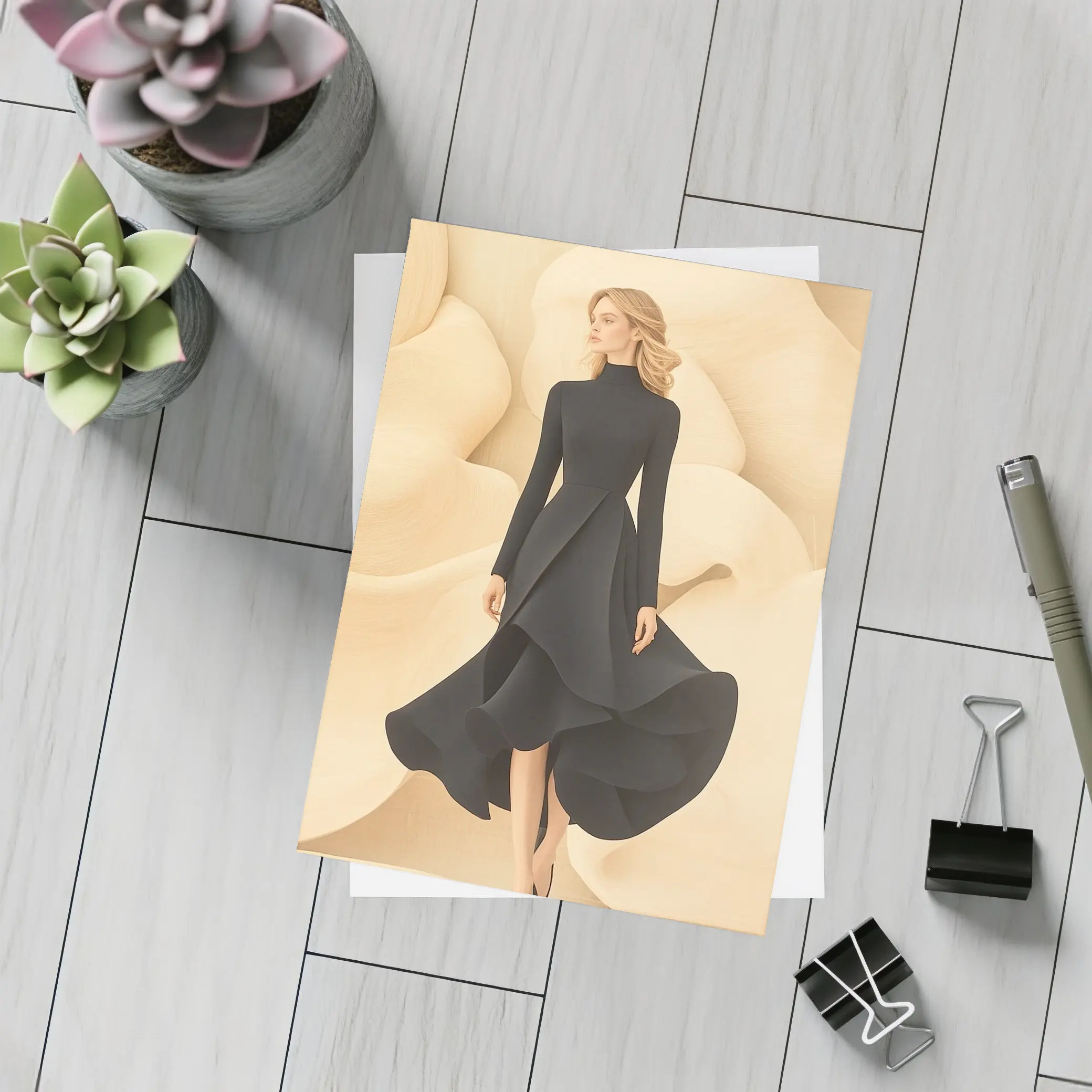 Elegant Black Dress Woman Beige Abstract Background – Postcards