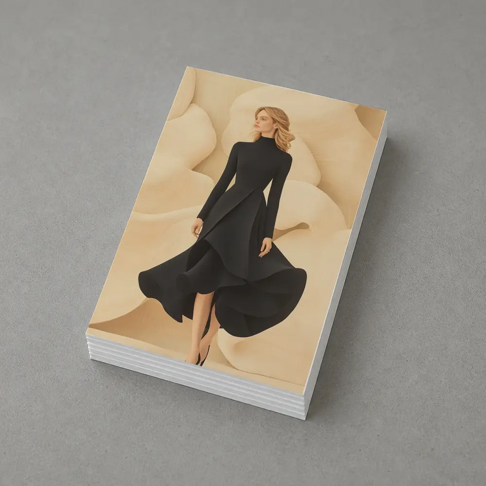 Elegant Black Dress Woman Beige Abstract Background – Postcards