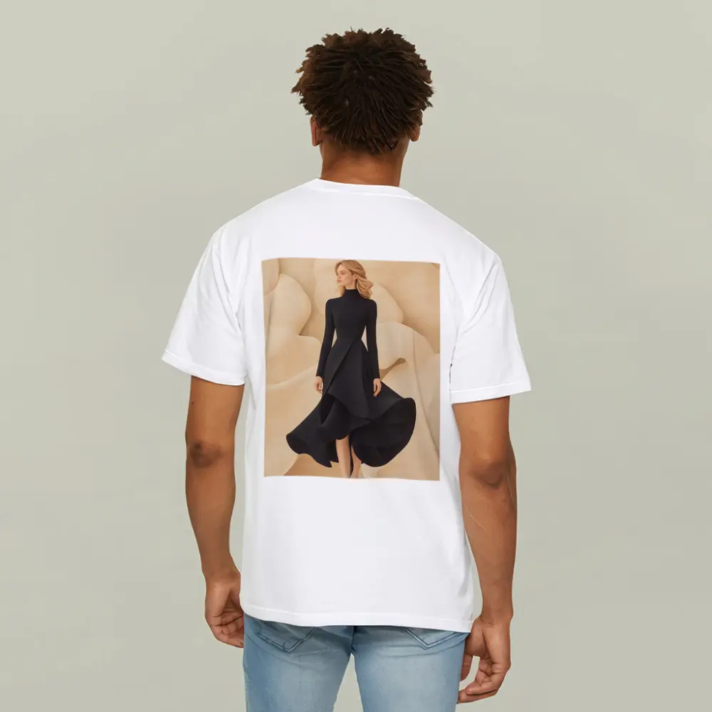 Elegant Black Dress Woman Beige Abstract Background – T-Shirts