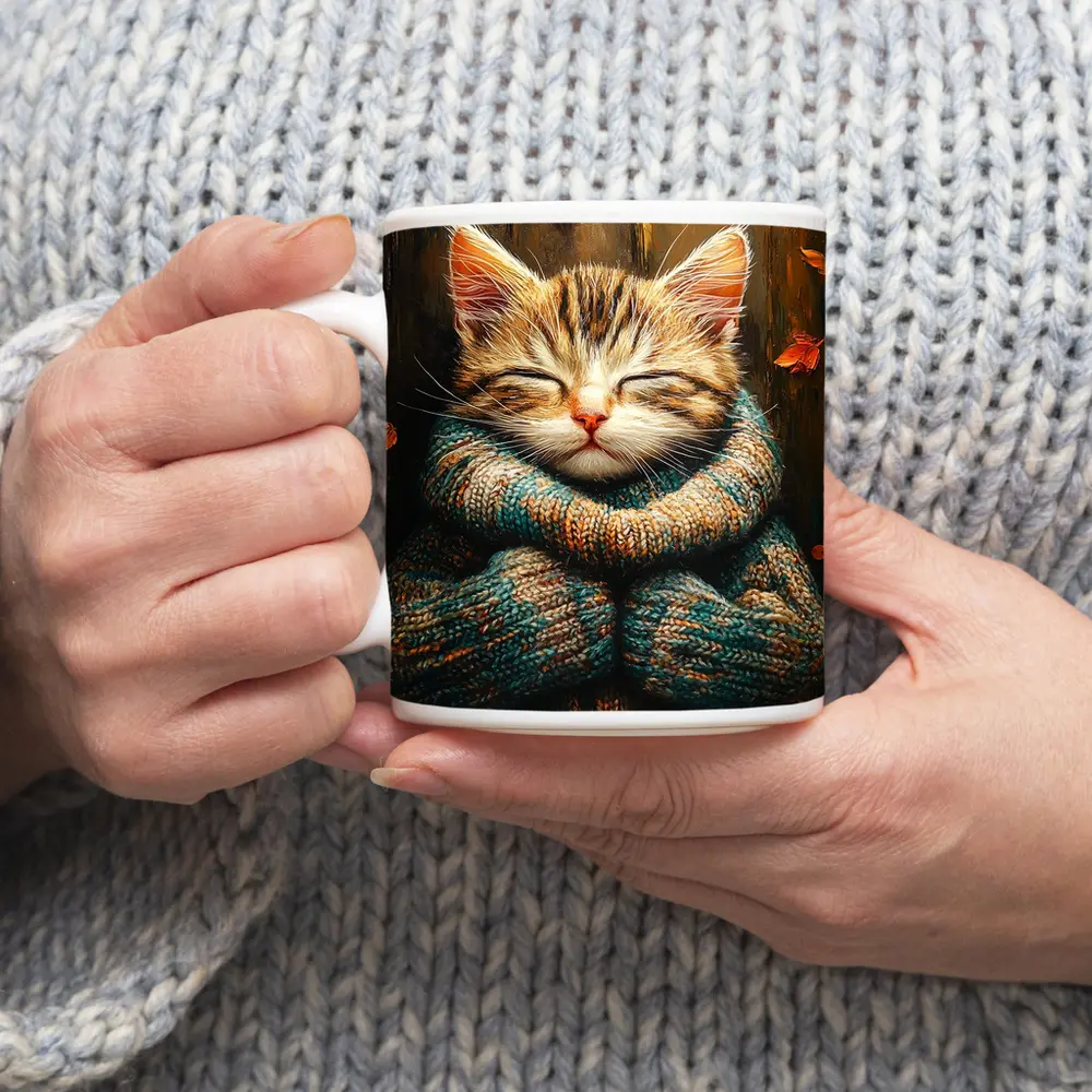 Cozy Tabby Kitten Wrapped In Knit Sweater – Mugs