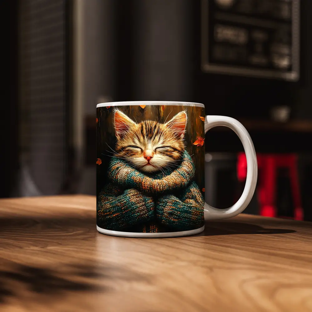 Cozy Tabby Kitten Wrapped In Knit Sweater – Mugs