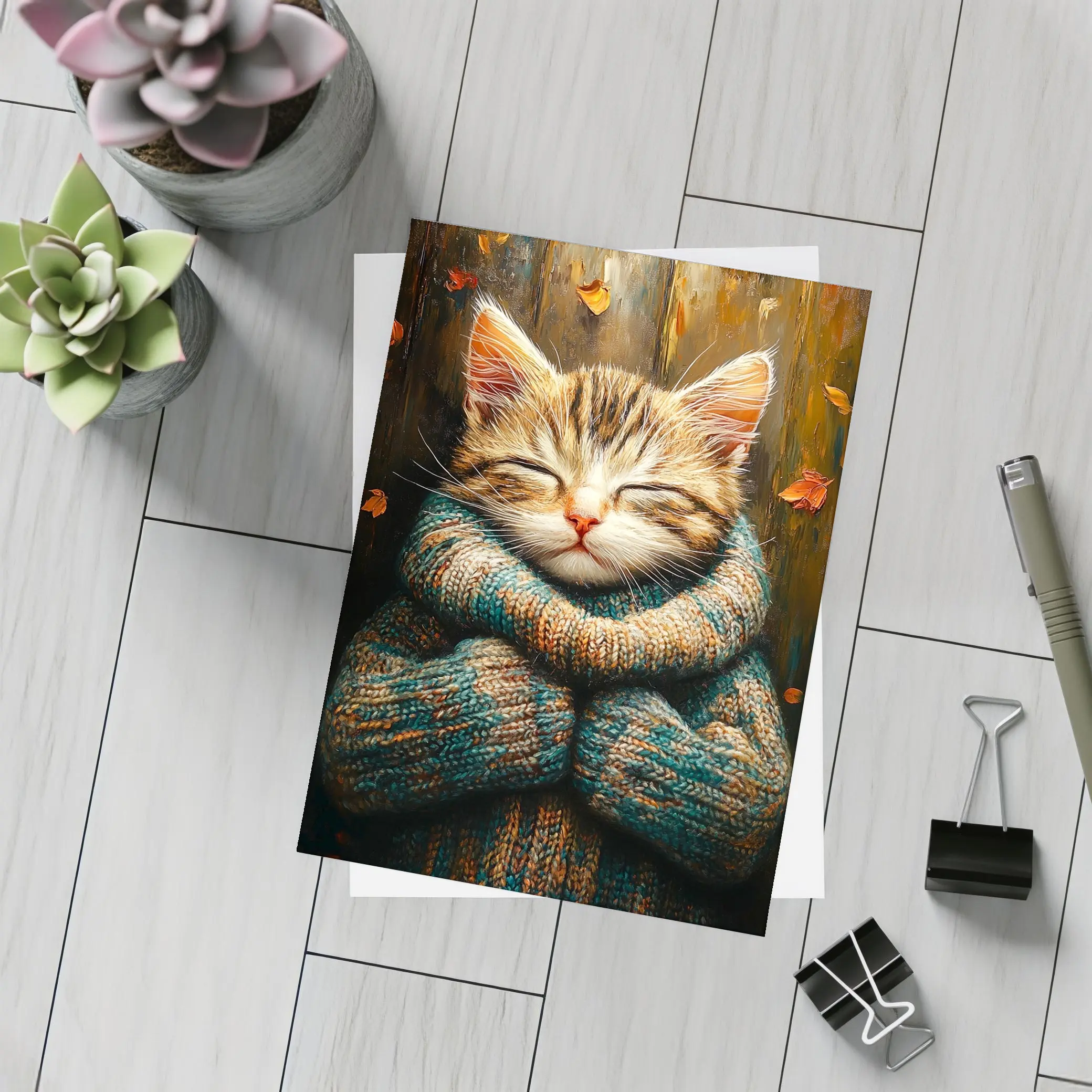 Cozy Tabby Kitten Wrapped In Knit Sweater – Postcards