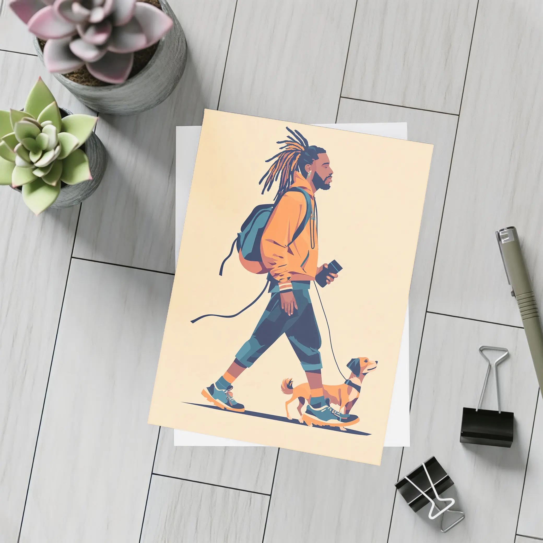 Man Walking Dog Flat Art Style – Postcards