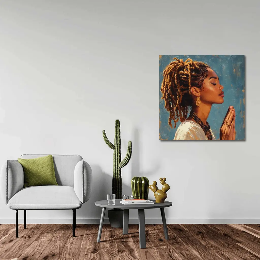 Black Woman Praying Oil Painting Blue Background – Wall Art