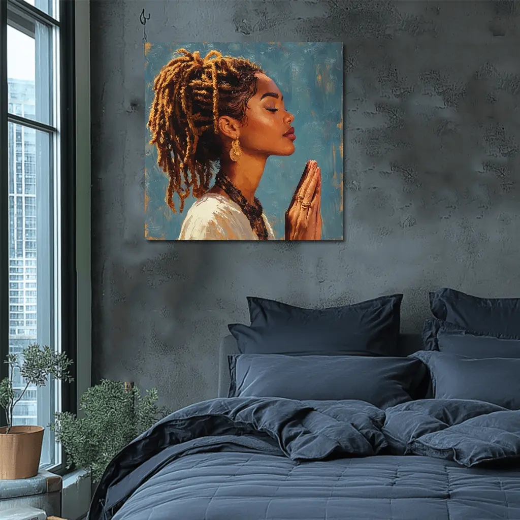 Black Woman Praying Oil Painting Blue Background – Wall Art
