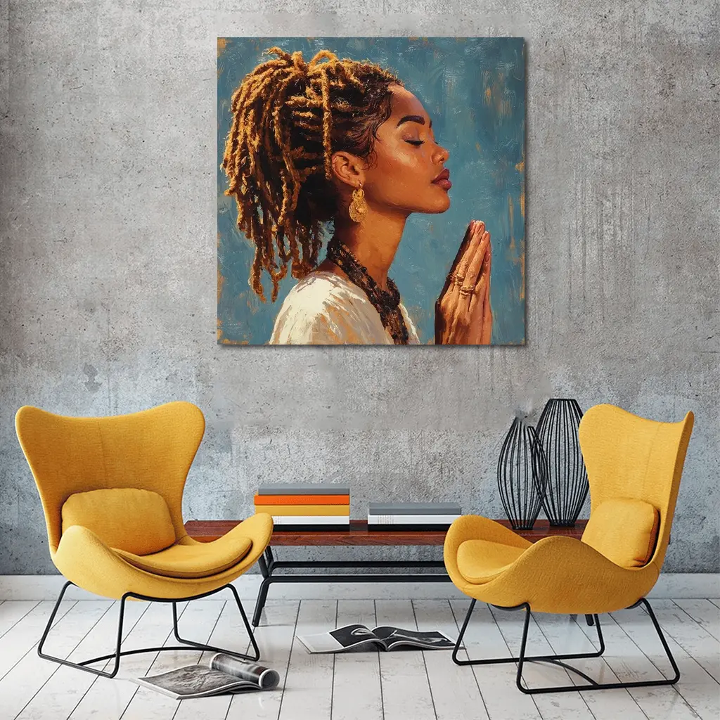 Black Woman Praying Oil Painting Blue Background – Wall Art