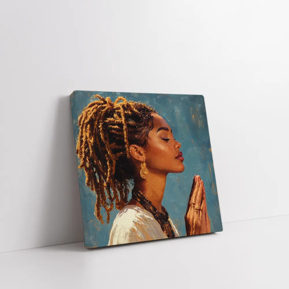 Black Woman Praying Oil Painting Blue Background – Wall Art