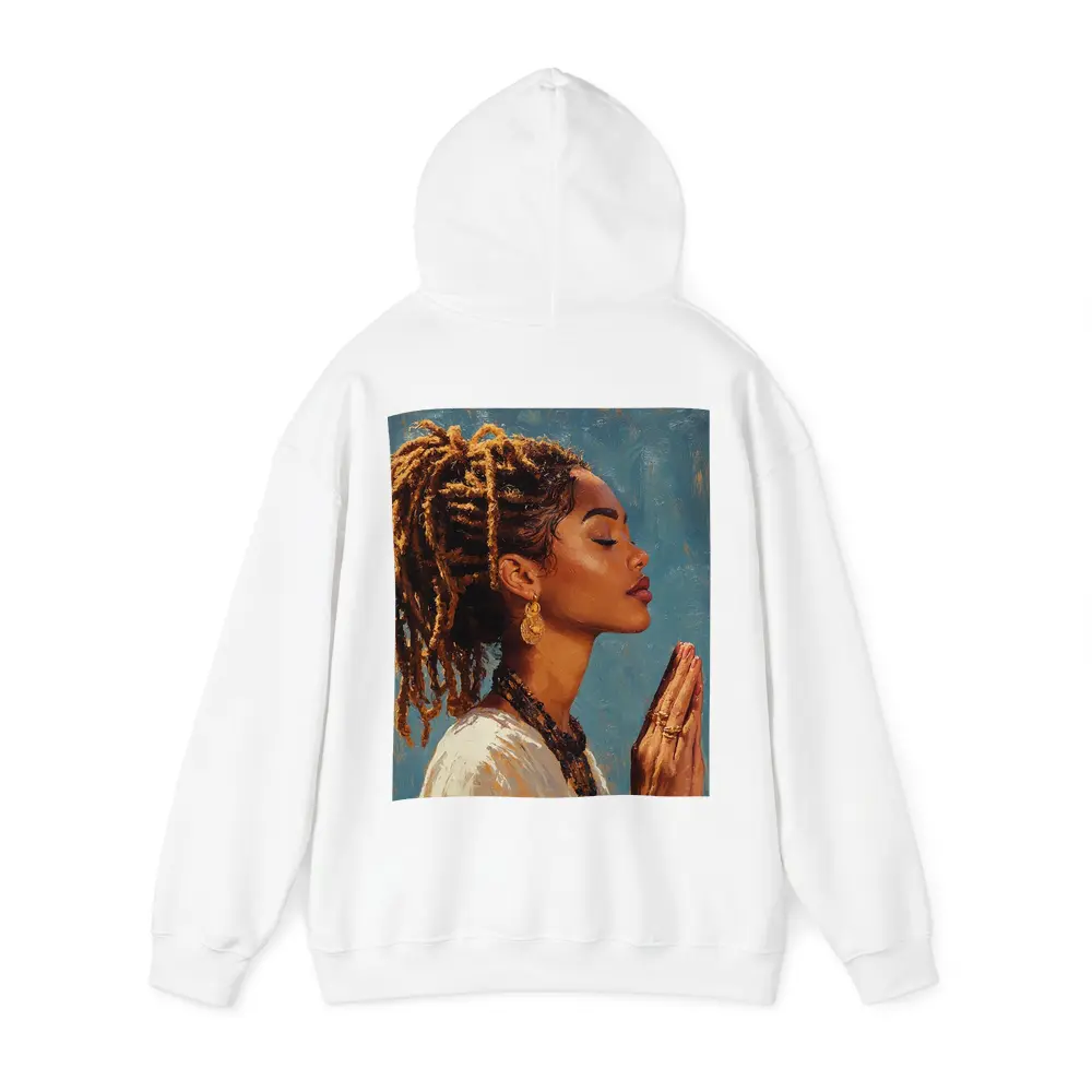 Black Woman Praying Oil Painting Blue Background – Hoodies