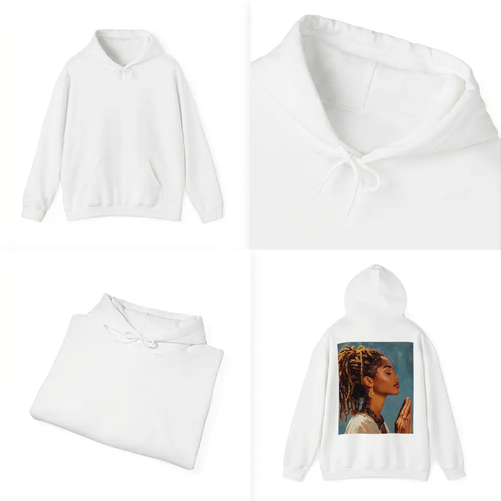 Black Woman Praying Oil Painting Blue Background – Hoodies