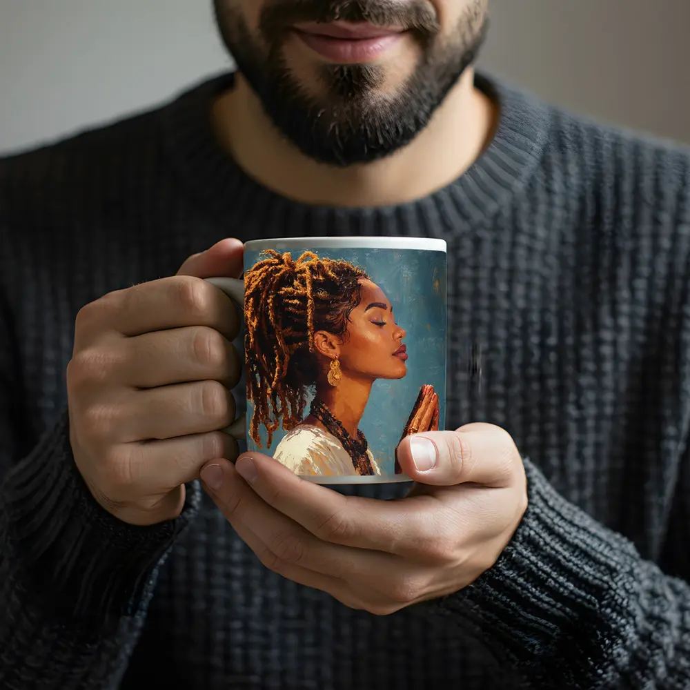 Black Woman Praying Oil Painting Blue Background – Mugs