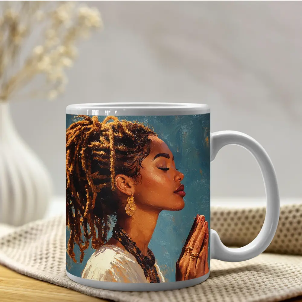 Black Woman Praying Oil Painting Blue Background – Mugs