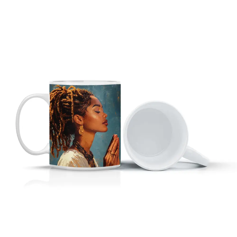 Black Woman Praying Oil Painting Blue Background – Mugs