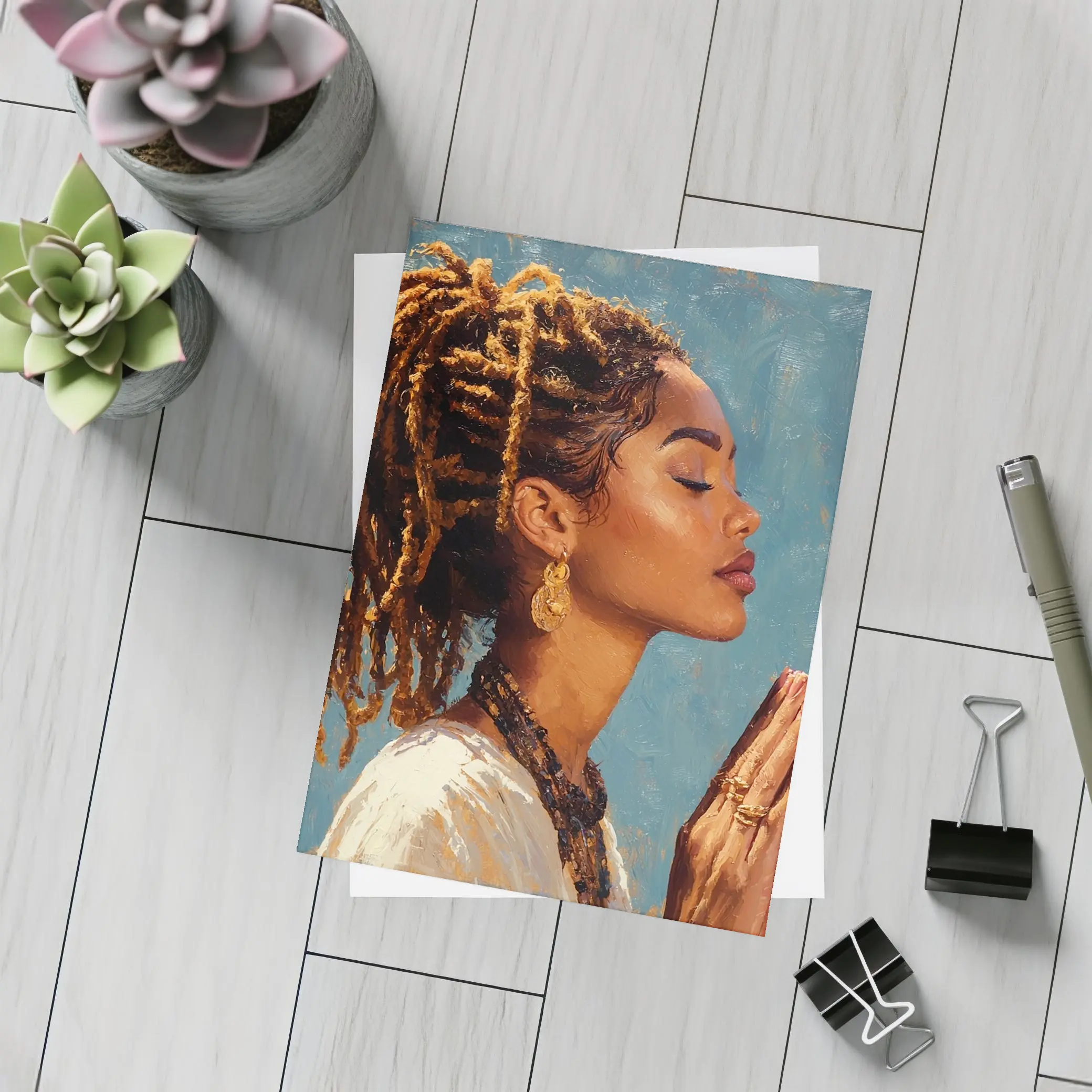 Black Woman Praying Oil Painting Blue Background – Postcards