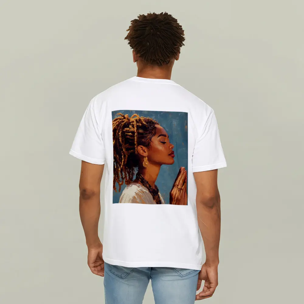 Black Woman Praying Oil Painting Blue Background – T-Shirts