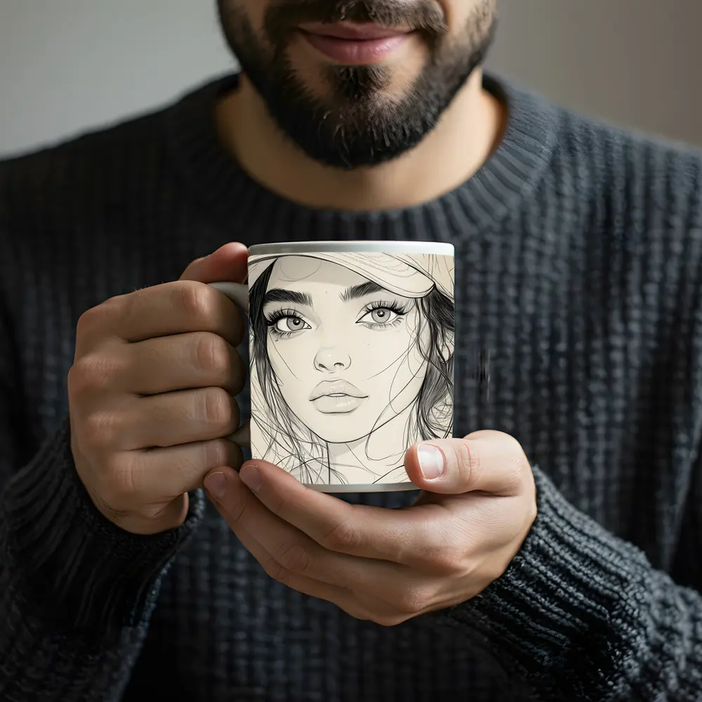 Young Woman Sketch Line Art Portrait – Mugs