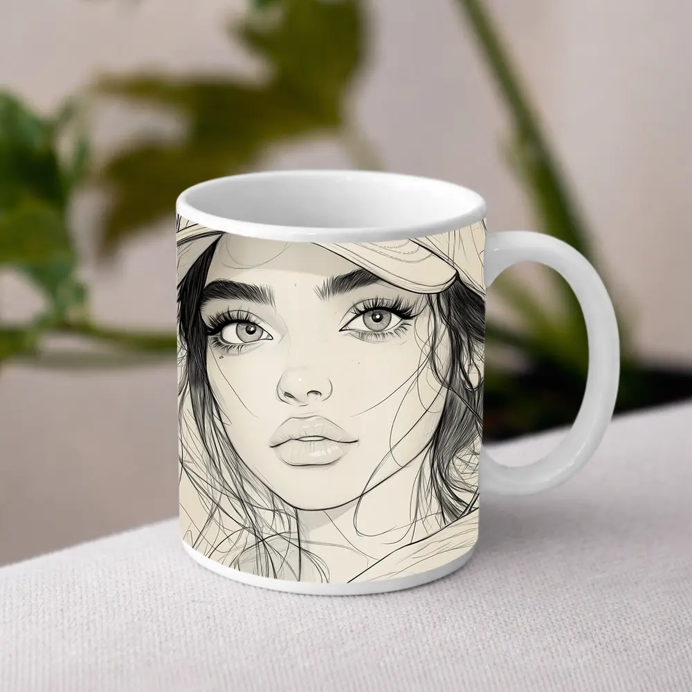 Young Woman Sketch Line Art Portrait – Mugs