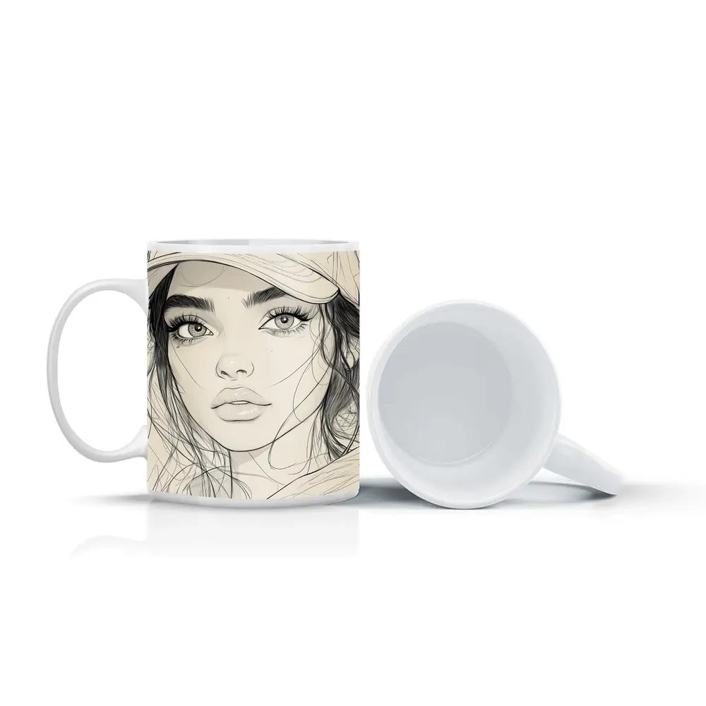 Young Woman Sketch Line Art Portrait – Mugs