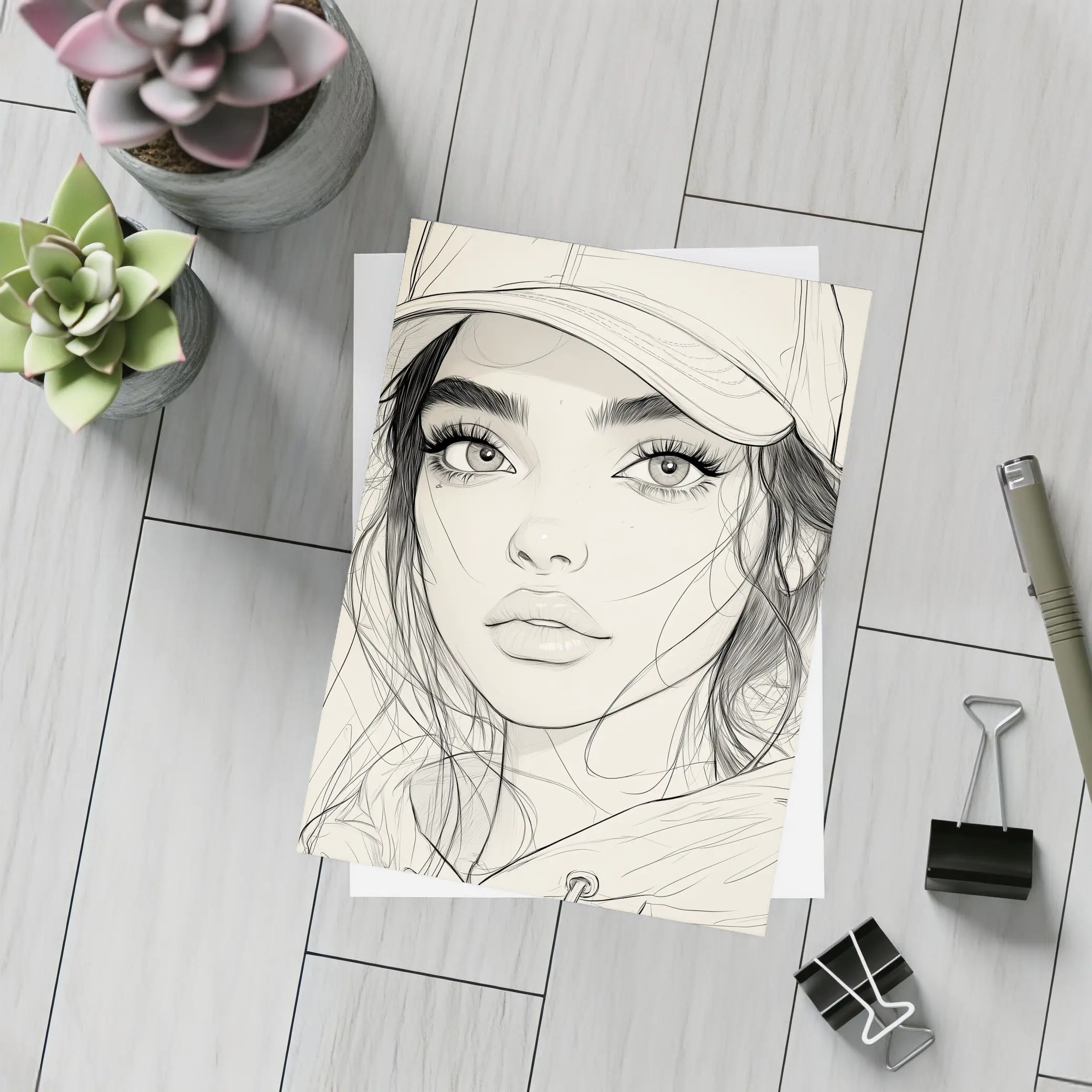 Young Woman Sketch Line Art Portrait – Postcards